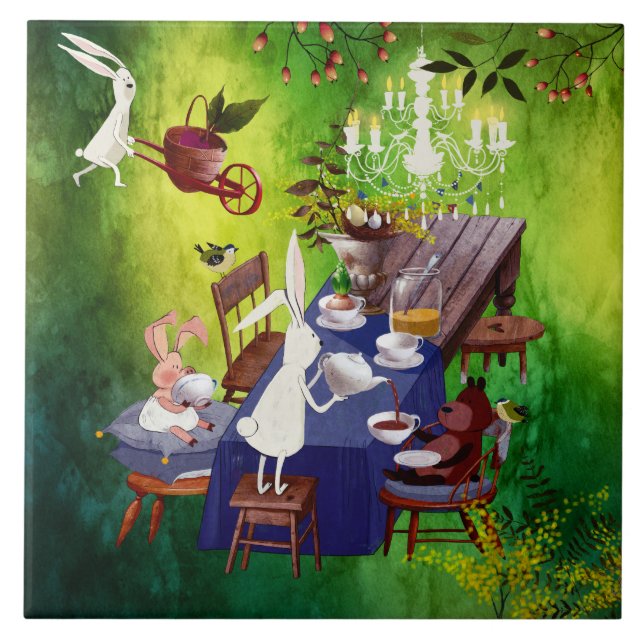 Bunny Spring Party in Forest-Animal Illustration Tile (Front)