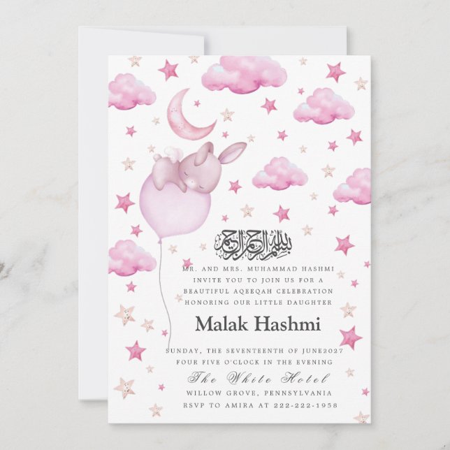 Bunny & Star Baby Girl Black Islamic Aqiqa Aqeeqa  Invitation (Front)