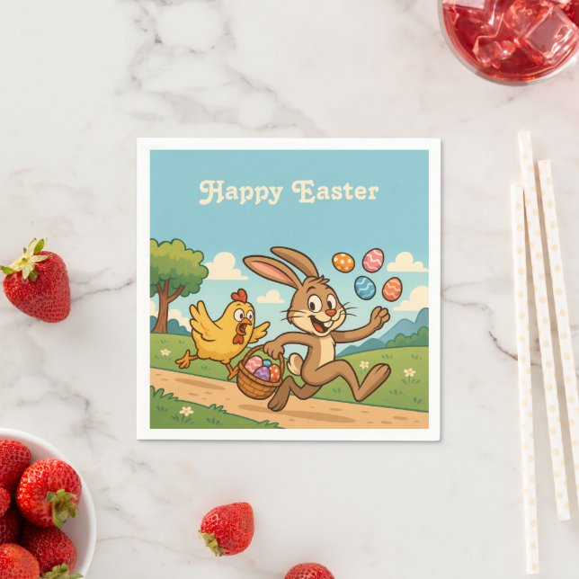 Bunny Steals Eggs from Hen | Funny Easter Cartoon Napkin (Insitu)