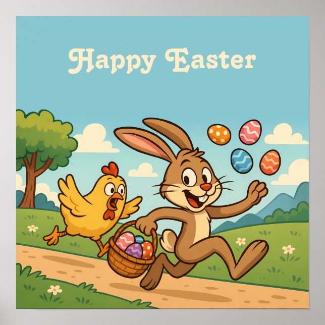 Bunny Steals Eggs from Hen | Funny Easter Cartoon Poster (Front)