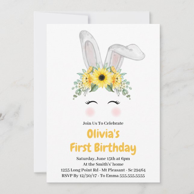 Bunny Sunflower Girl First Birthday Party Invitation (Front)