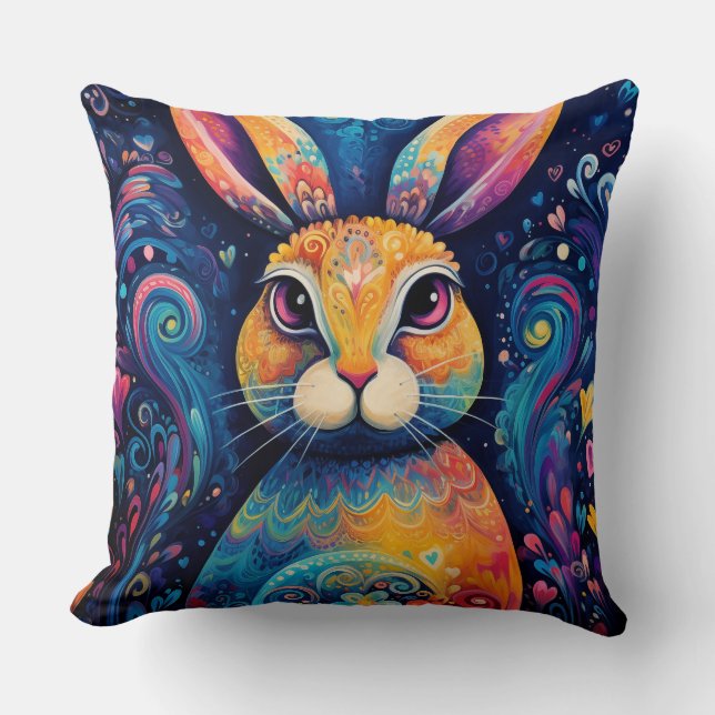 Bunny swirls and hearts Blue Cushion (Front)