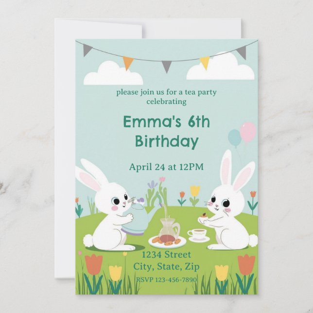 Bunny Tea Party Birthday Invitation | Cute Rabbits (Front)