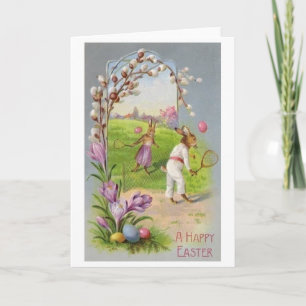 Bunny Tennis Easter Greeting!  Vintage Easter Card