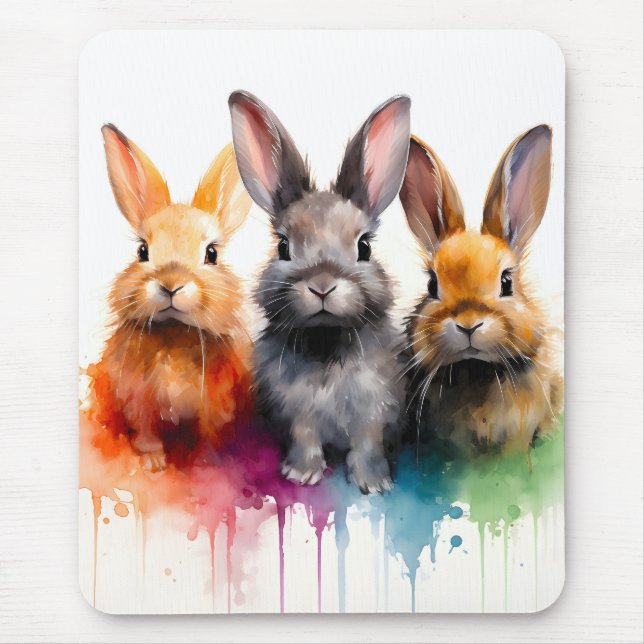 Bunny Trio Watercolor Mouse Pad (Front)
