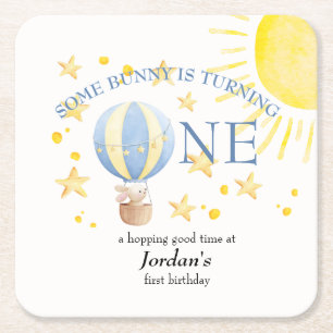 Bunny Turning One Around The Sun Boys 1st Birthday Square Paper Coaster