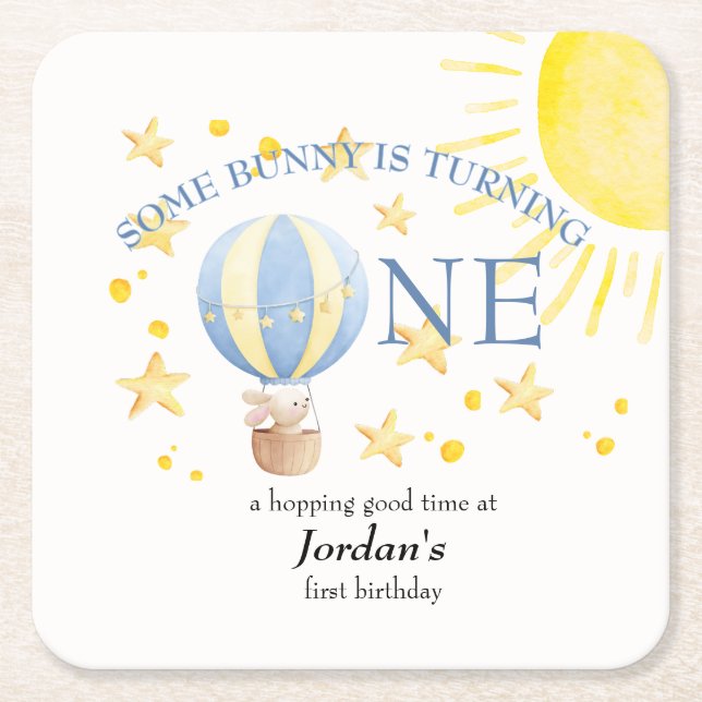 Bunny Turning One Around The Sun Boys 1st Birthday Square Paper Coaster (Front)