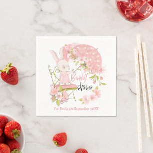 Bunny Umbrella Florals Pink Name Girl Baby Shower Napkin