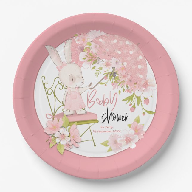 Bunny Umbrella Flowers Name Date Pink Baby Shower Paper Plate (Front)