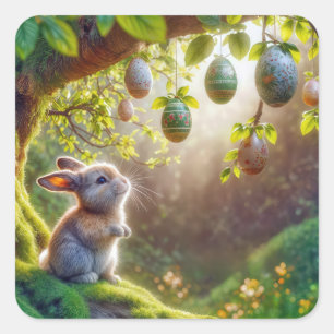 Bunny Under An Easter Egg Tree Square Sticker