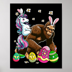 Bunny Unicorn Riding Bigfoot Flowers Easter Day Hu Poster