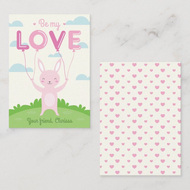 Bunny Valentines Day Card Kids with Love Balloon (Front/Back)