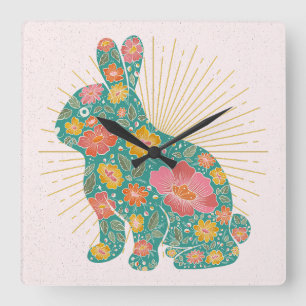 Bunny Vintage Colorful Pastel Floral Square Wall Clock