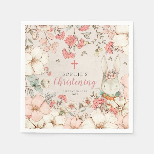Bunny Vintage Floral Foliage Girl Christening  Napkin (Front)