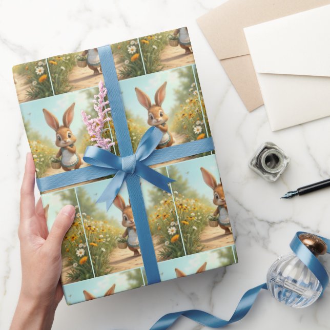 Bunny Walking With a Flower Basket Wrapping Paper (Gifting)