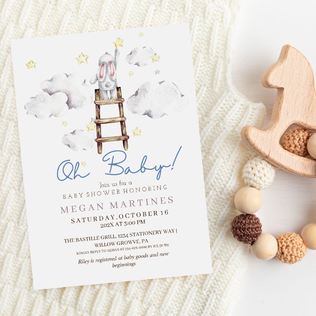  Bunny Watercolor Elegant Cute Boy Baby Shower  Invitation (Creator Uploaded)