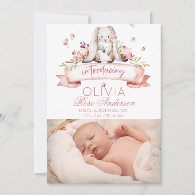 Bunny watercolor Girl Birth Announcement (Front)