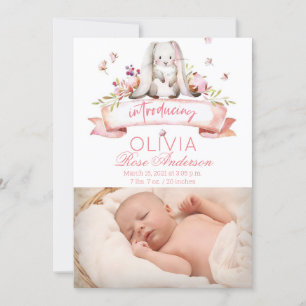 Bunny watercolor Girl Birth Announcement