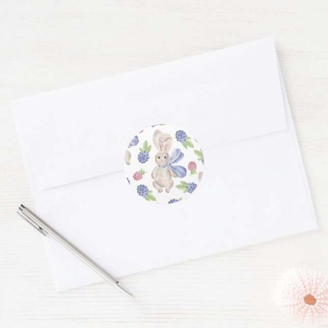 Bunny watercolor spring berry pattern classic round sticker (Envelope)