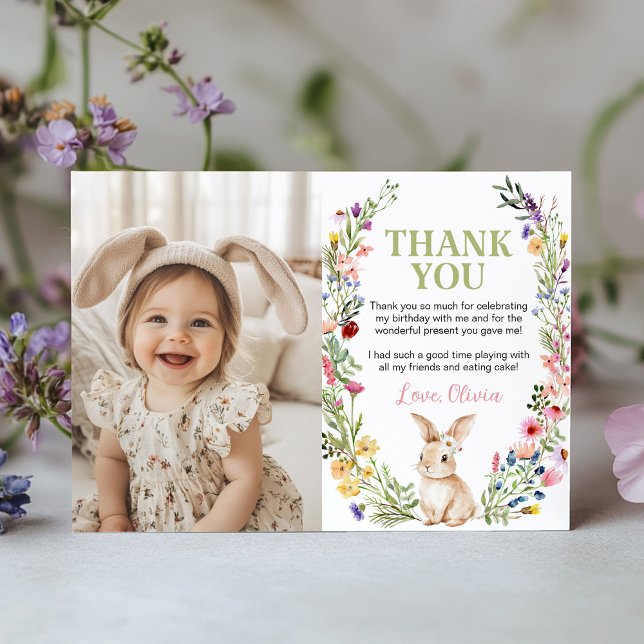 Bunny Wildflower Birthday Party Photo Thank You Card (Creator Uploaded)