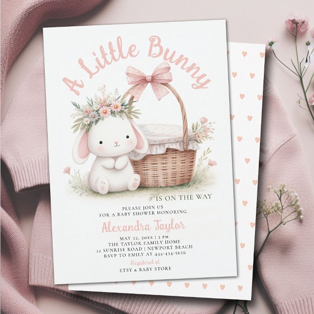 Bunny Wildflowers Bow Picnic Pink Baby Girl Shower Invitation (a little bunny baby girl shower invitation springtime easter garden picnic wildflowers pink blush)