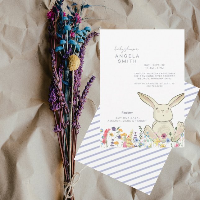 Bunny & Wildflowers Colourful Striped Baby Shower Invitation (Creator Uploaded)