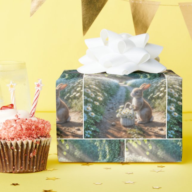 Bunny With a Basket of White Daisies Wrapping Paper (Birthday Party)