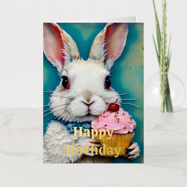 Bunny with a Cupcake Birthday Foil Greeting Card (Front)