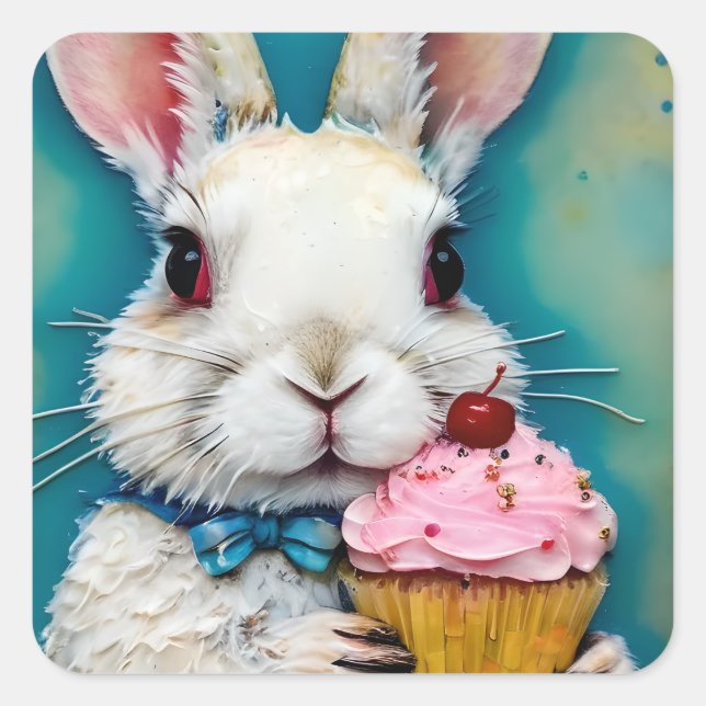 Bunny with a Cupcake Square Sticker (Front)