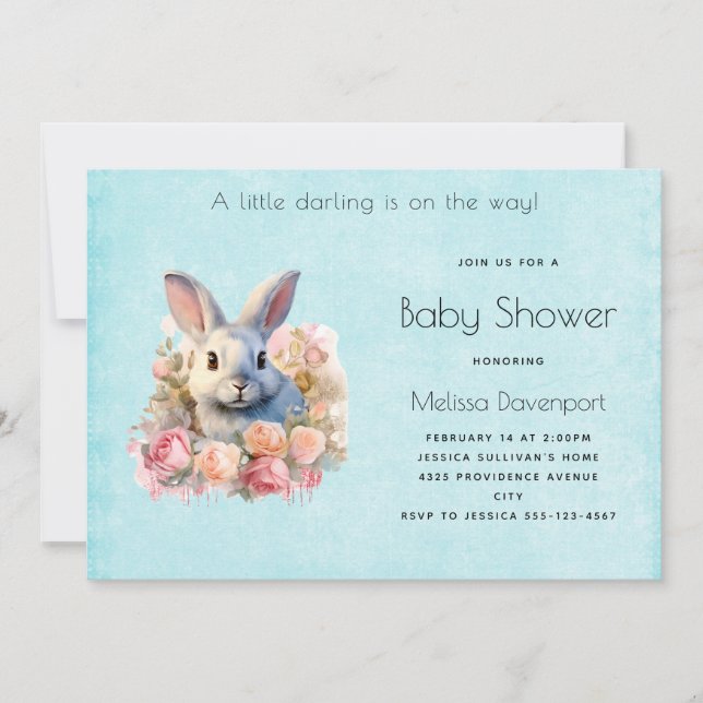 Bunny with a Garland of Roses Cute Baby Shower Invitation (Front)