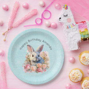 Bunny with a Garland of Roses Cute Birthday Paper Plate