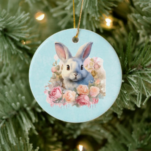 Bunny with a Garland of Roses Cute Ceramic Tree Decoration