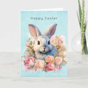 Bunny with a Garland of Roses Cute Easter Holiday Card
