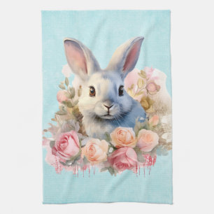 Bunny with a Garland of Roses Cute Tea Towel