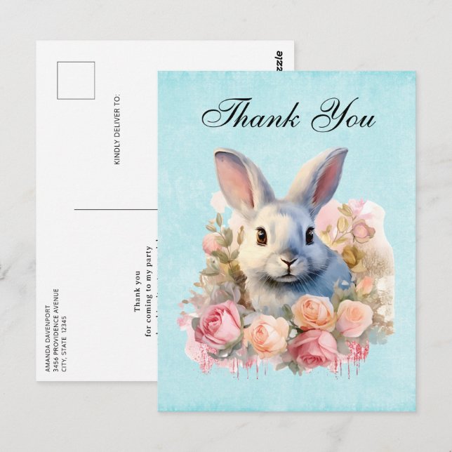 Bunny with a Garland of Roses Cute Thank You Postcard (Front/Back)