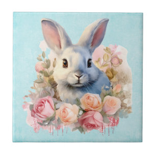Bunny with a Garland of Roses Cute Tile