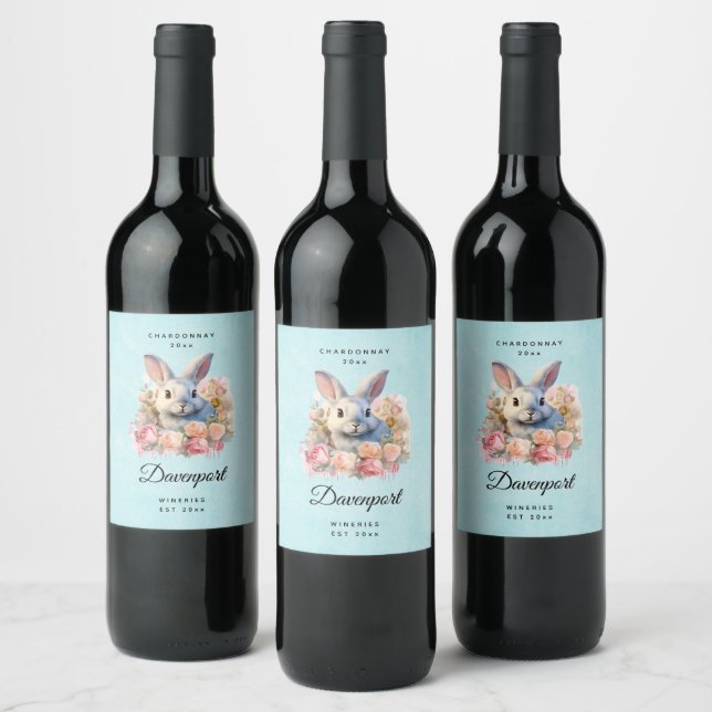 Bunny with a Garland of Roses Cute Wine Making Label (Bottles)