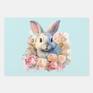 Bunny with a Garland of Roses Cute Wrapping Paper Sheet