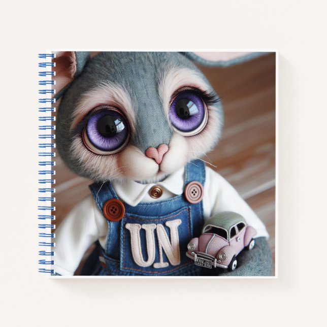 Bunny with a Toy Car in Denim Overalls   Notebook (Front)