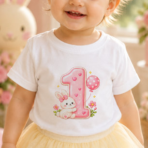 Bunny with Balloon One First Birthday Baby Shirt