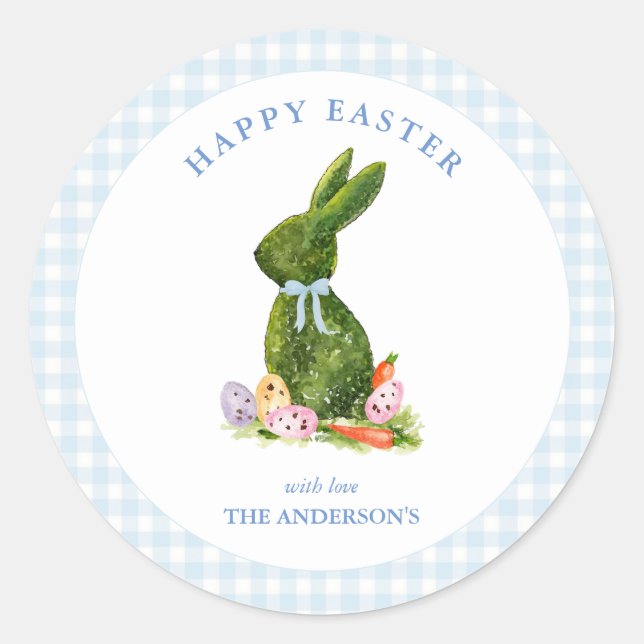 Bunny with Blue gingham border Happy Easter Classic Round Sticker (Front)