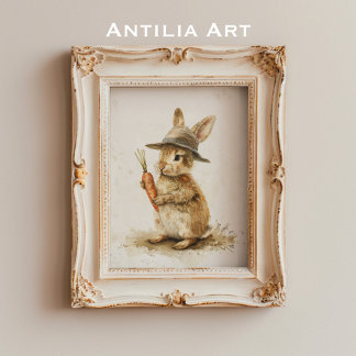 Bunny with Carrot Painting Rustic Easter Rabbit Poster