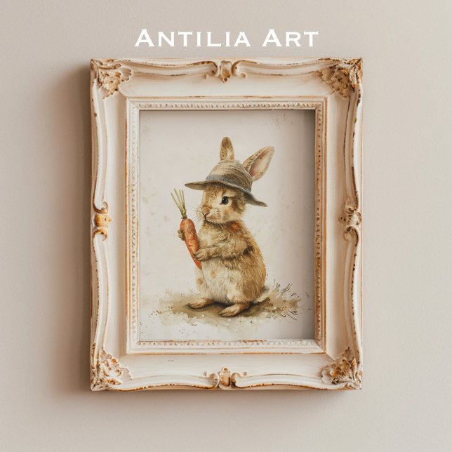 Bunny with Carrot Painting Rustic Easter Rabbit Poster (Creator Uploaded)