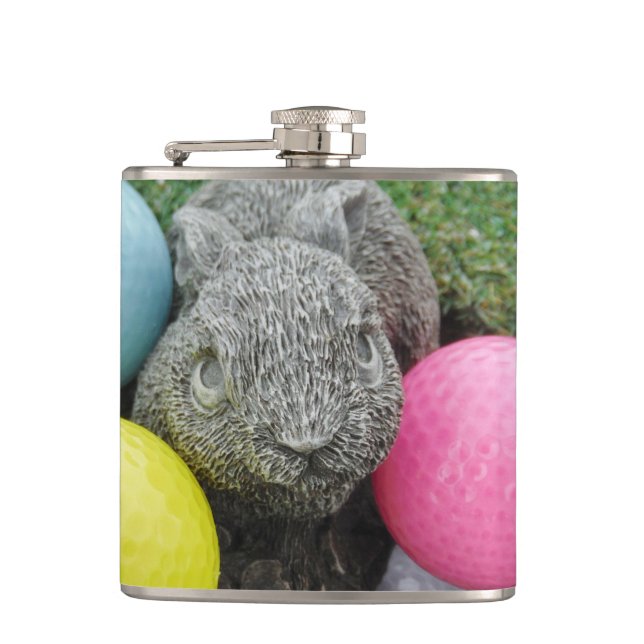 Bunny with coloured golf balls hip flask (Front)