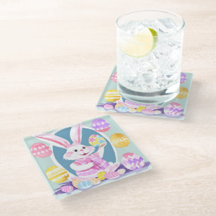 bunny with easter eggs glass coaster