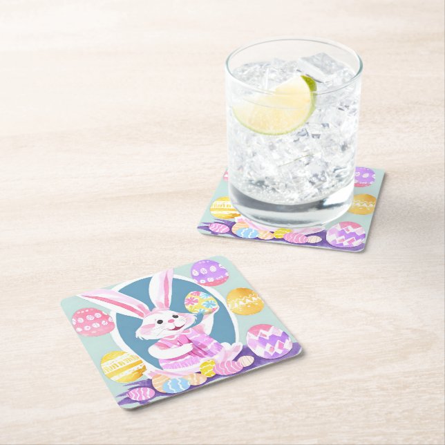 bunny with easter eggs square paper coaster (Insitu)