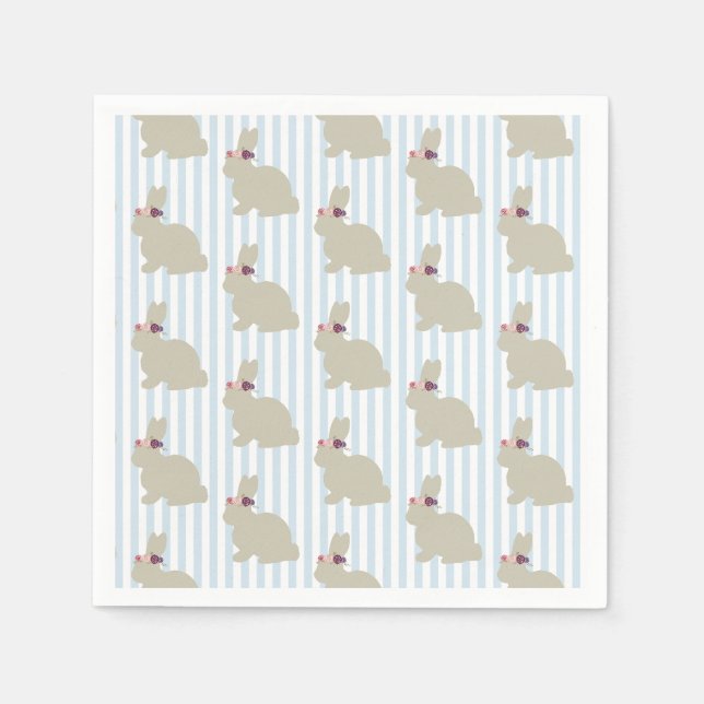 Bunny with Flower Blue Stripe Napkin (Front)
