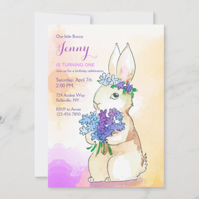 Bunny With Flower Bouquet Birthday Party Invitation (Front)