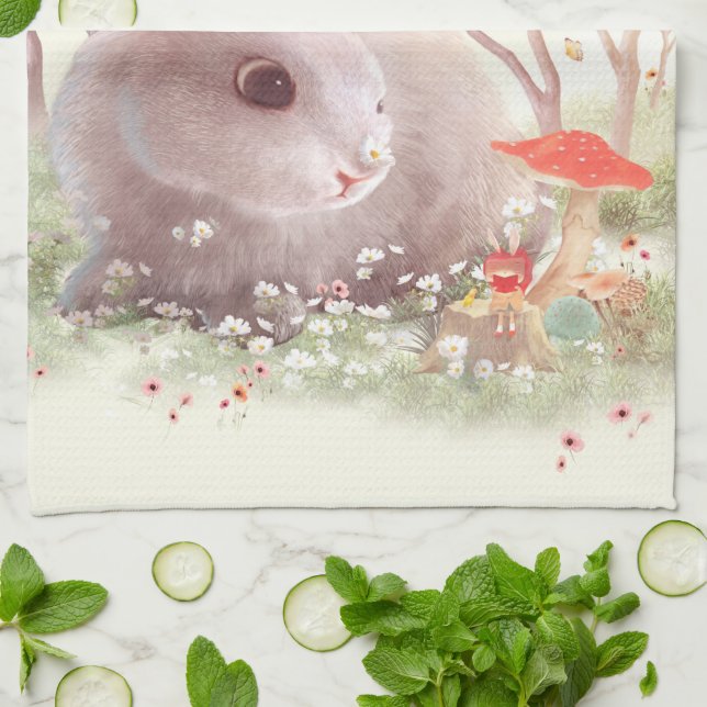 Bunny with Flowers Tea Towel (Folded)