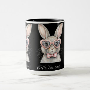 Bunny with Heart Glasses Mug   Cute Animal Coffee 